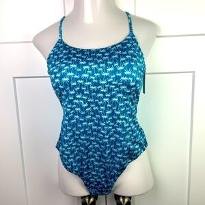 NWT VICTORIA'S SECRET SWIM LARGE Essential Scoop One-Piece Swimsuit Blue Palm